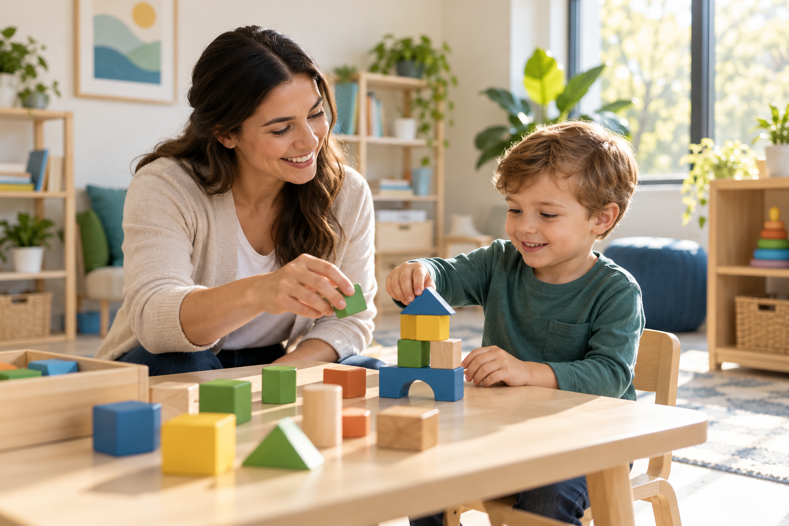 Illustrative therapy scene: an adult and child building with colourful blocks